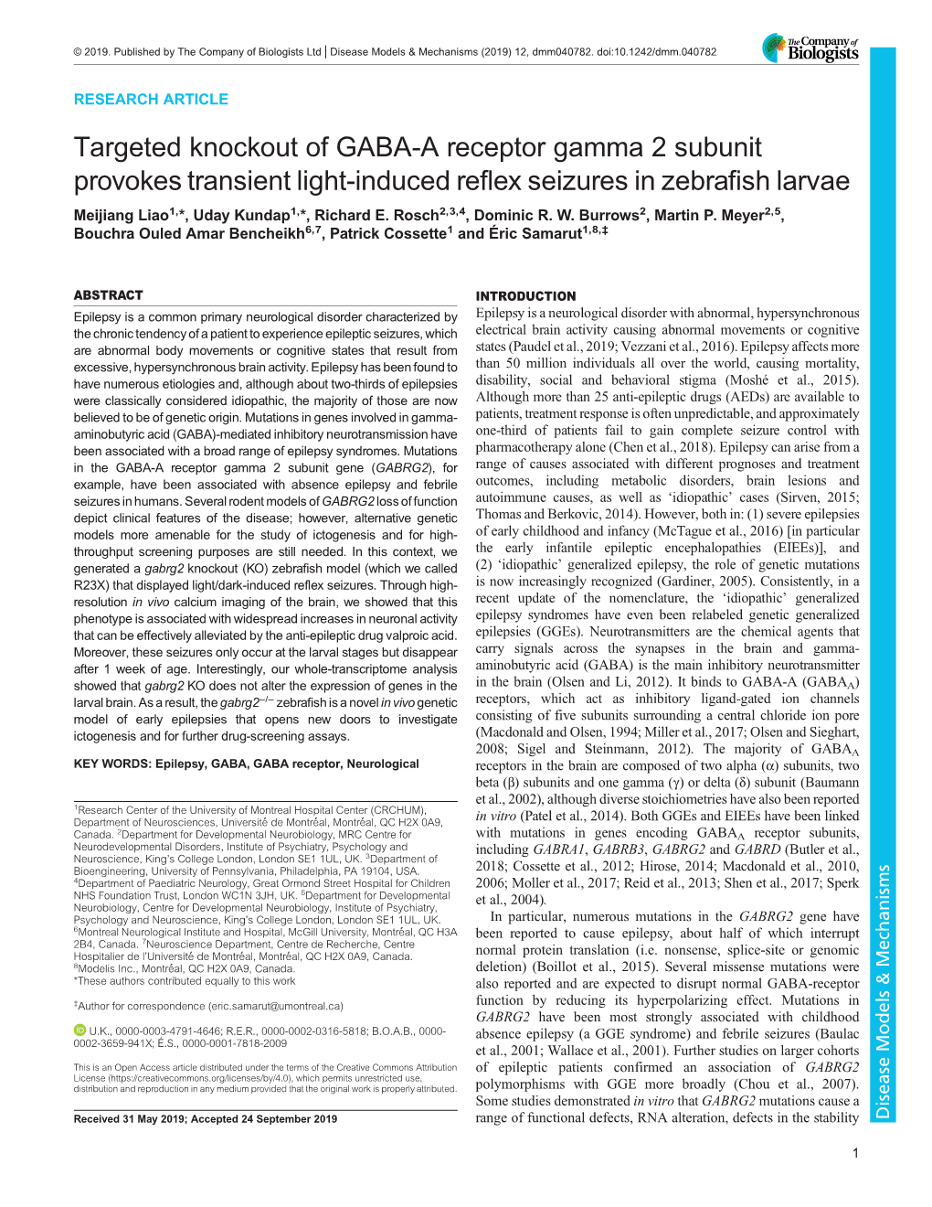 Targeted Knockout of GABA-A Receptor Gamma 2 Subunit Provokes Transient Light-Induced Reflex Seizures in Zebrafish Larvae Meijiang Liao1,*, Uday Kundap1,*, Richard E