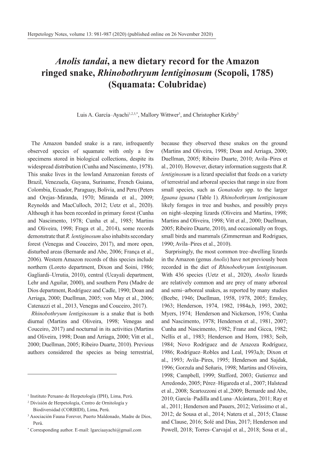 Anolis Tandai, a New Dietary Record for the Amazon Ringed Snake, Rhinobothryum Lentiginosum (Scopoli, 1785) (Squamata: Colubridae)