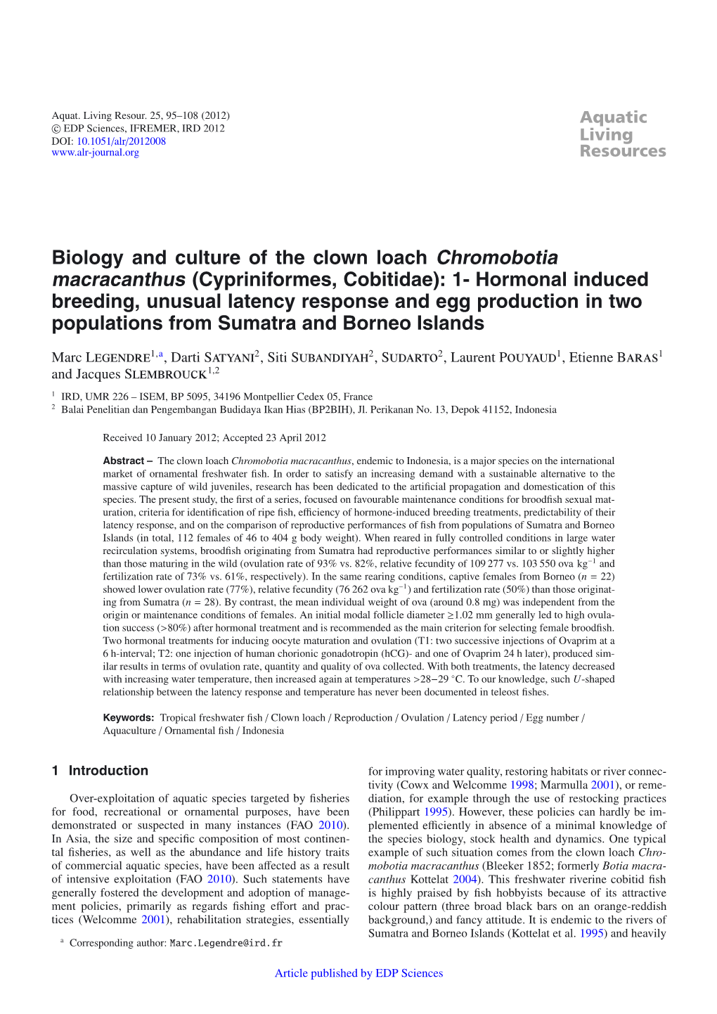 Biology and Culture of the Clown Loach Chromobotia Macracanthus