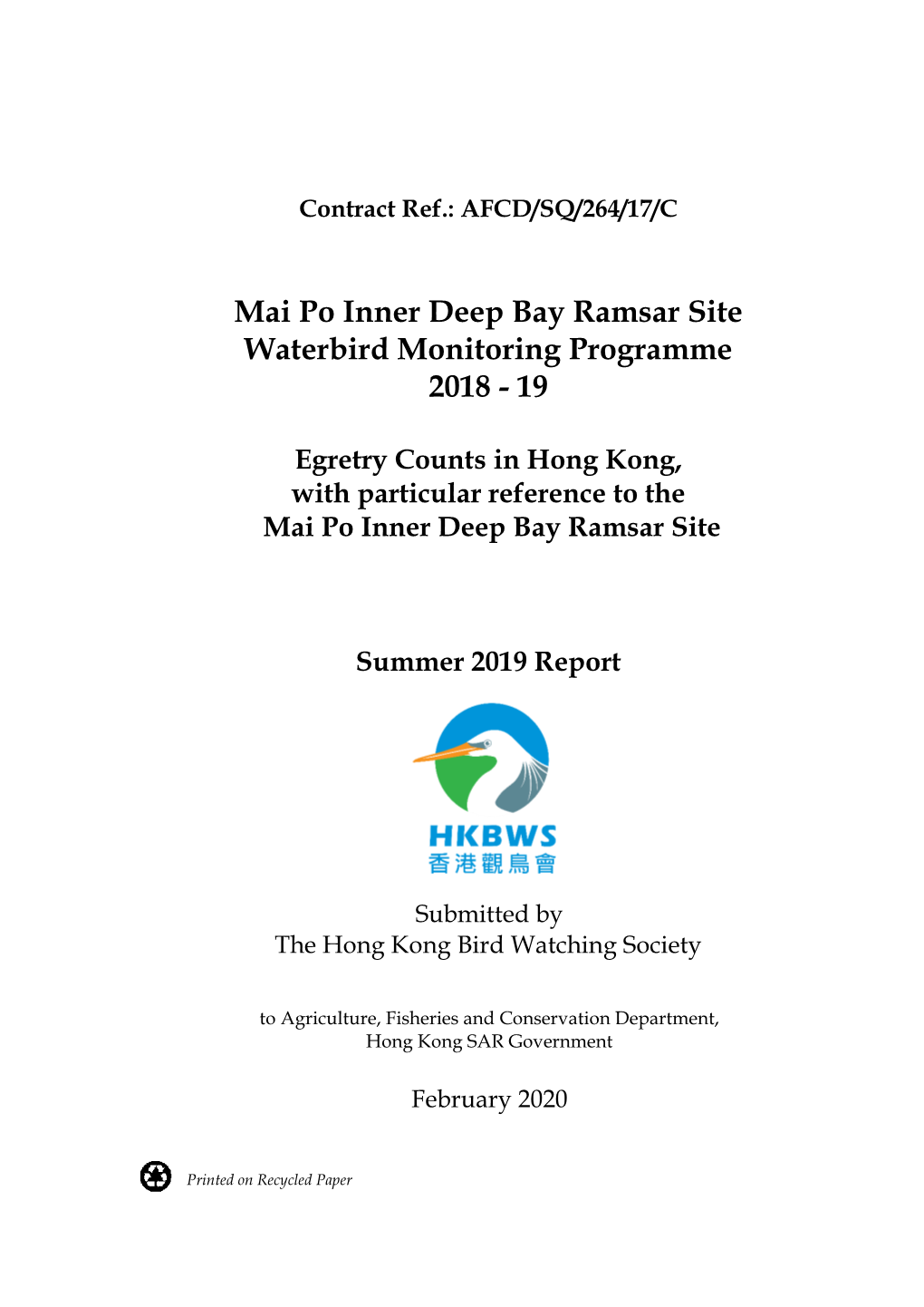 Mai Po Inner Deep Bay Ramsar Site Waterbird Monitoring Programme 2018 - 19