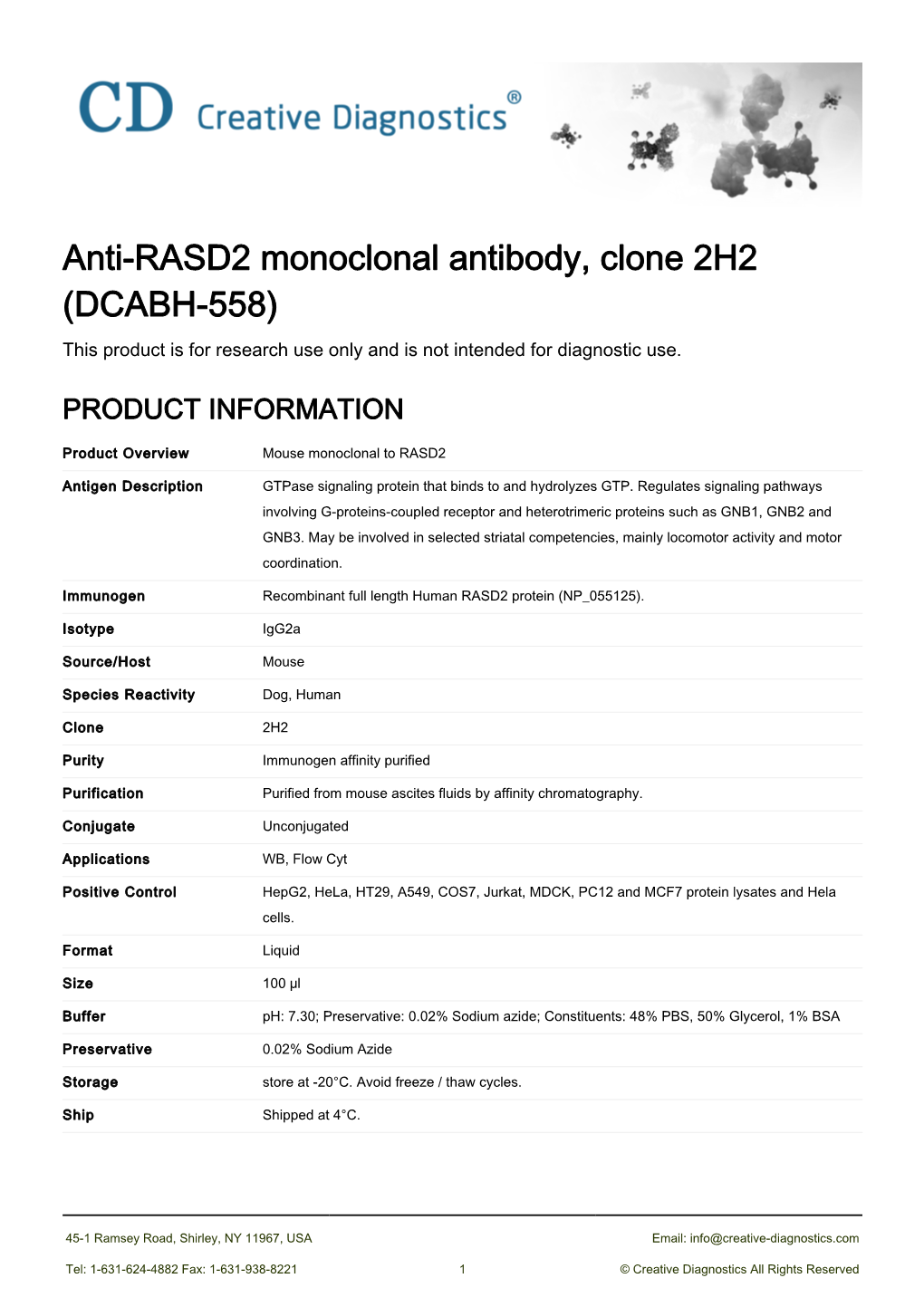 Anti-RASD2 Monoclonal Antibody, Clone 2H2 (DCABH-558) This Product Is for Research Use Only and Is Not Intended for Diagnostic Use