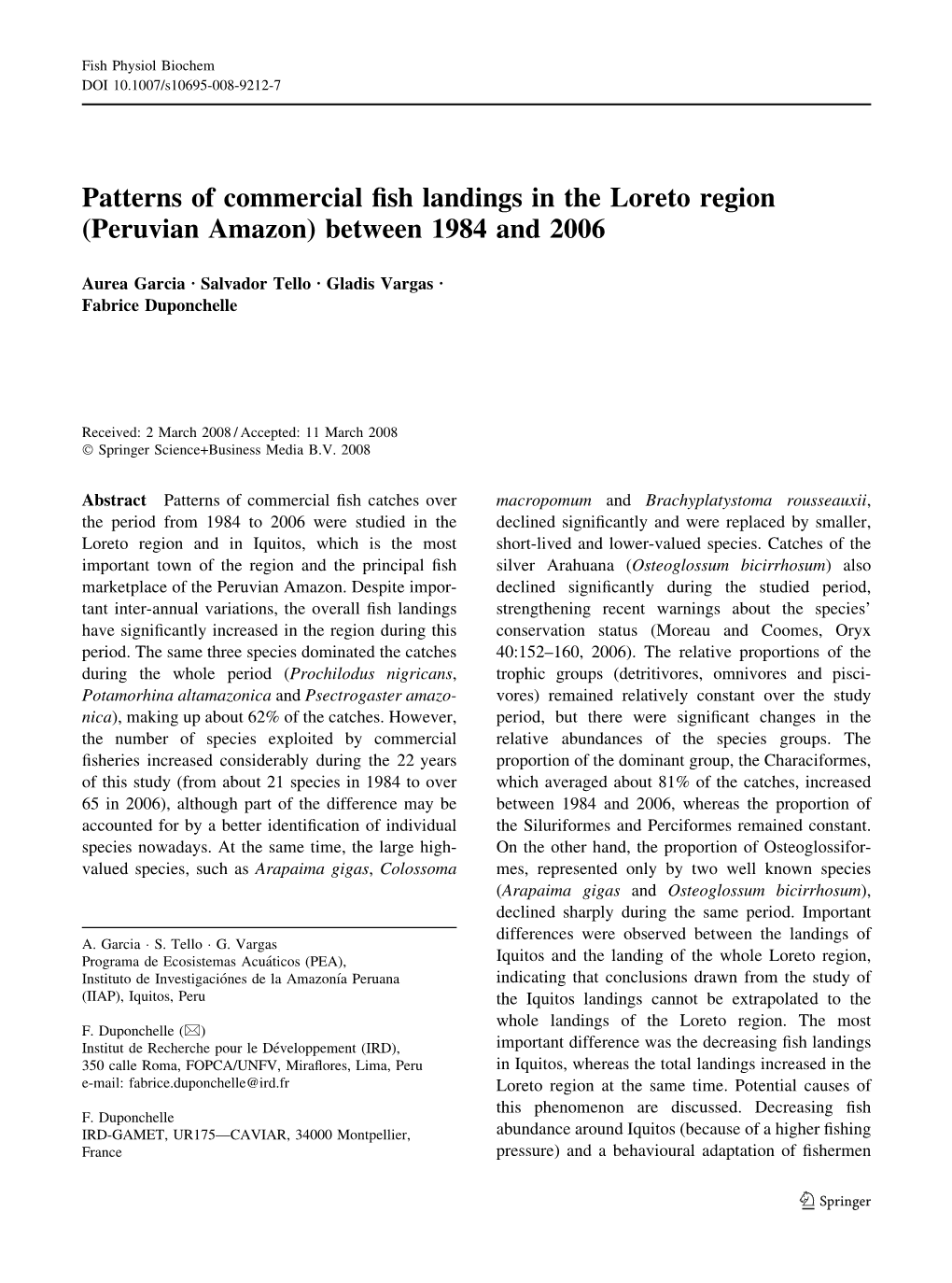 Patterns of Commercial Fish Landings in the Loreto Region (Peruvian Amazon)