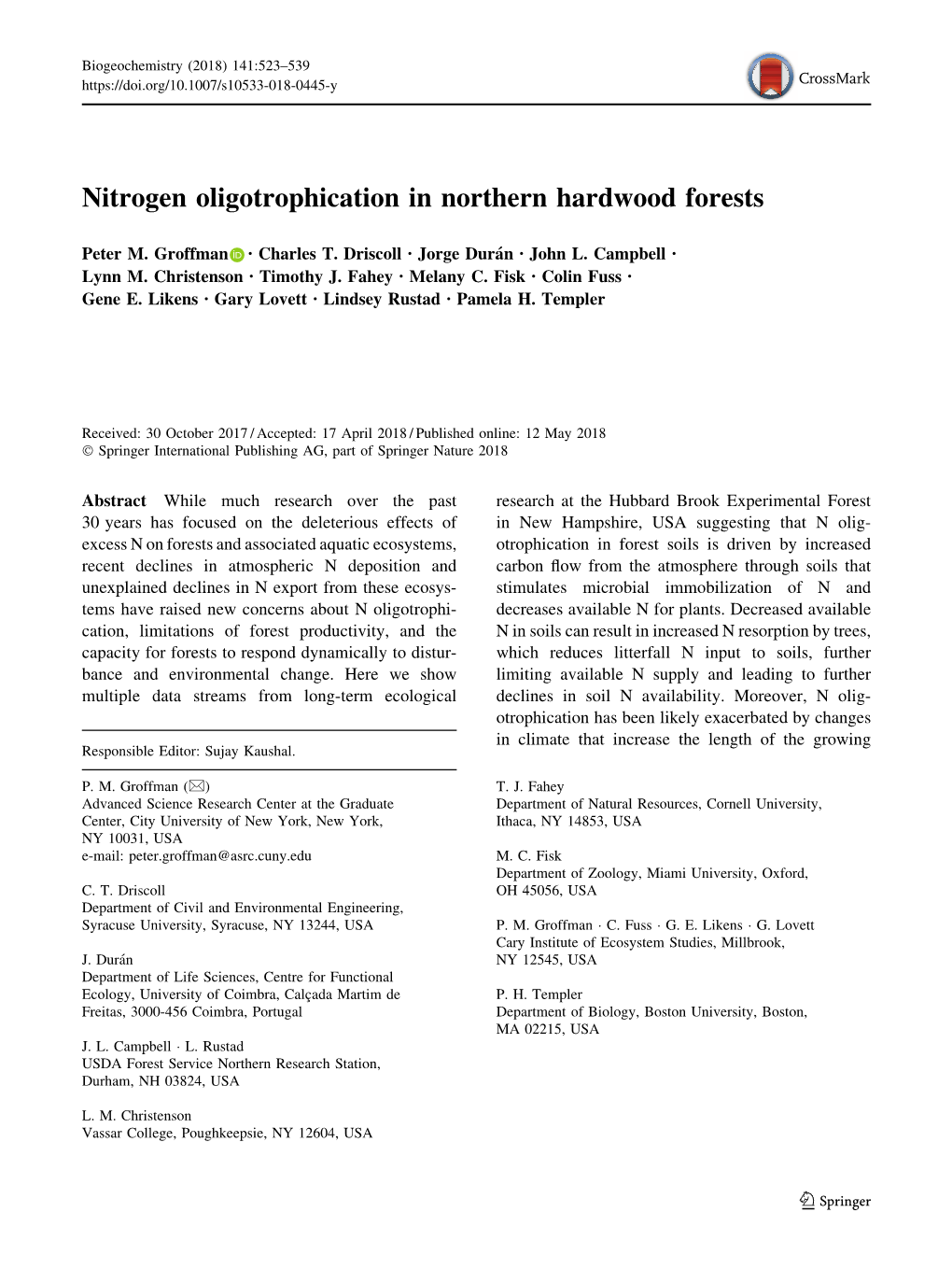 Nitrogen Oligotrophication in Northern Hardwood Forests