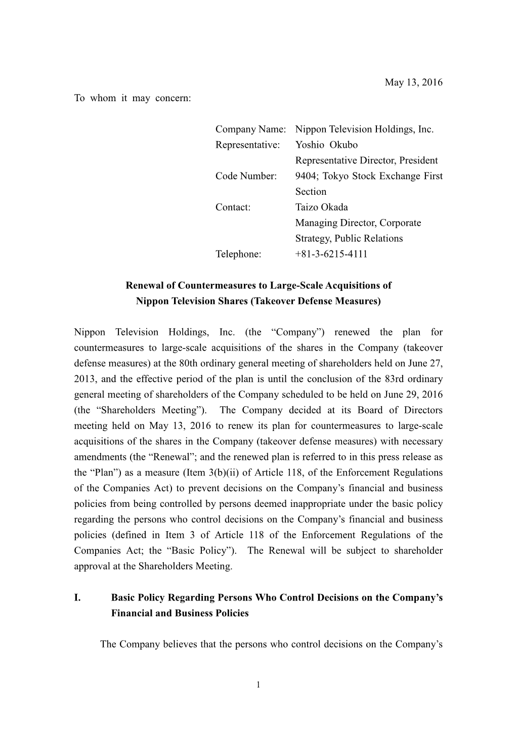 Renewal of Countermeasures to Large-Scale Acquisitions of Nippon Television Shares (Takeover Defense Measures)