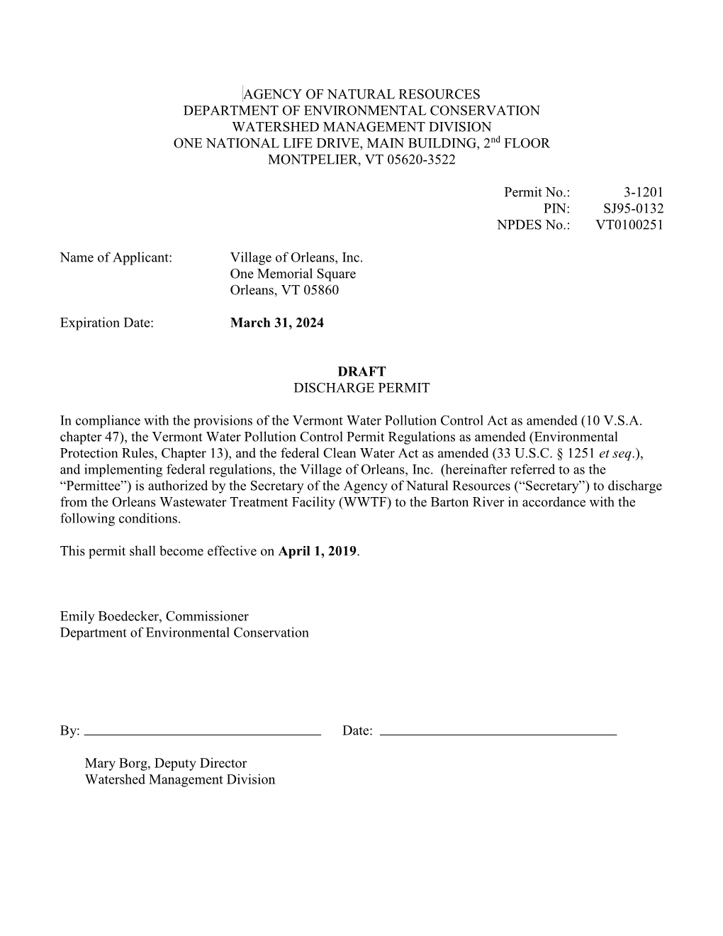 Orleans Wastewater Treatment Facility, VT0100251, Draft Permit