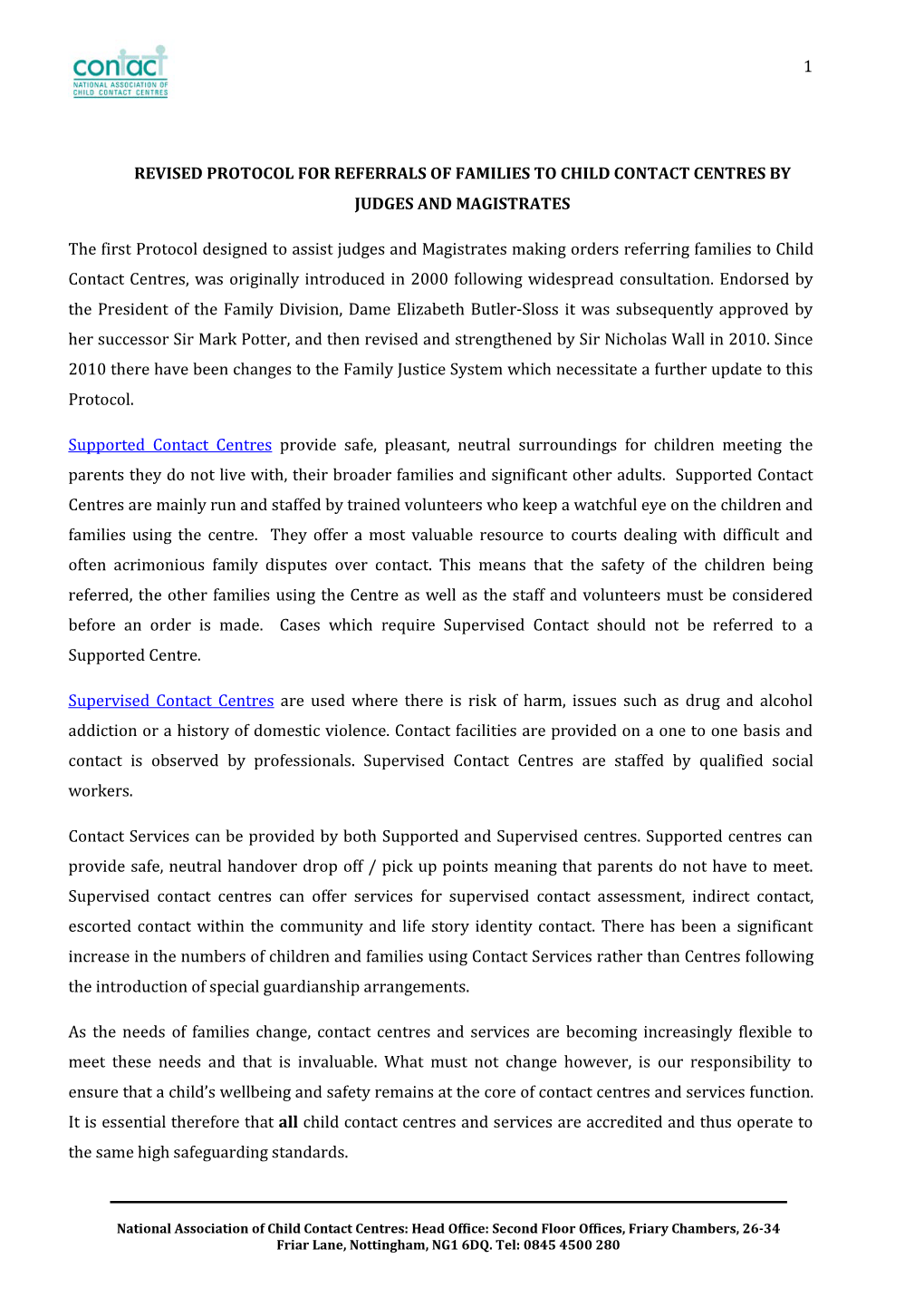 Revised Protocol for Referrals of Families to Child Contact Centres by Judges and Magistrates