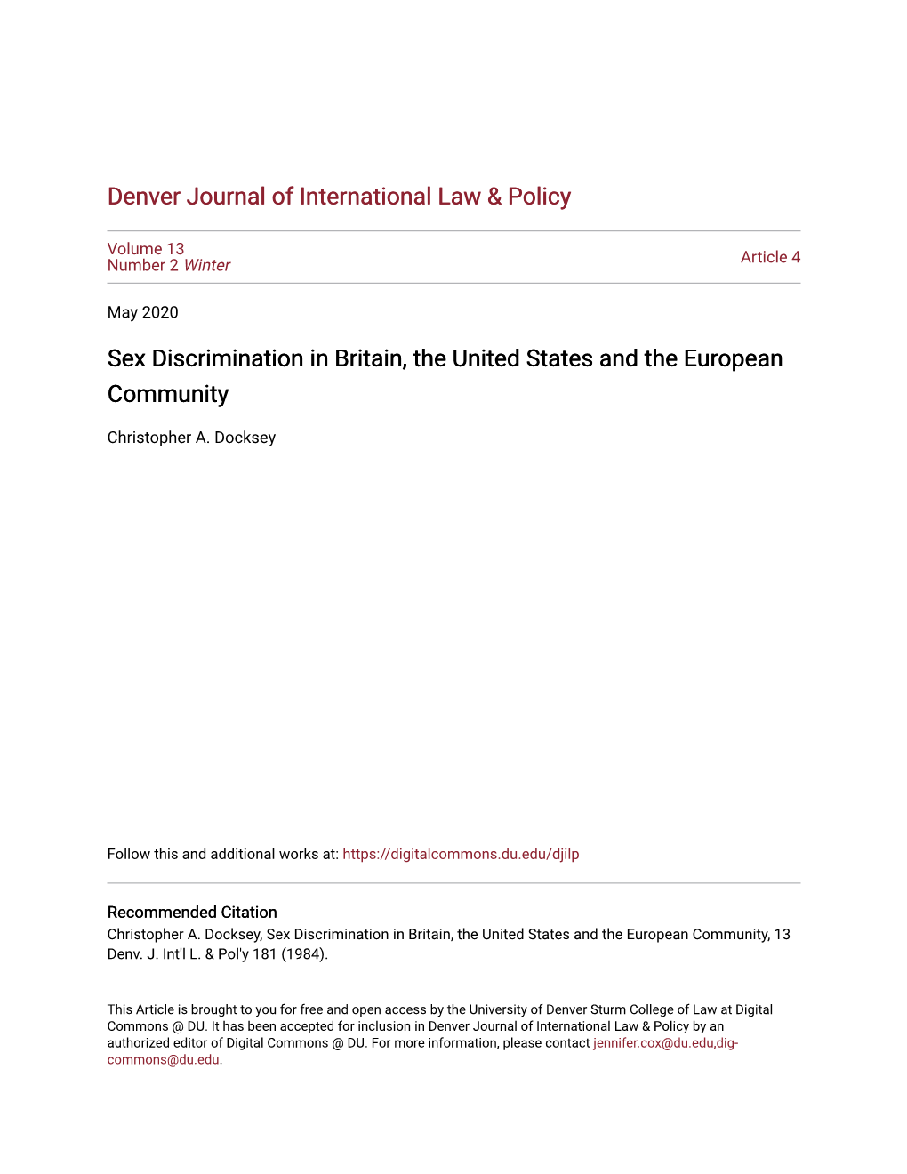 Sex Discrimination in Britain, the United States and the European Community