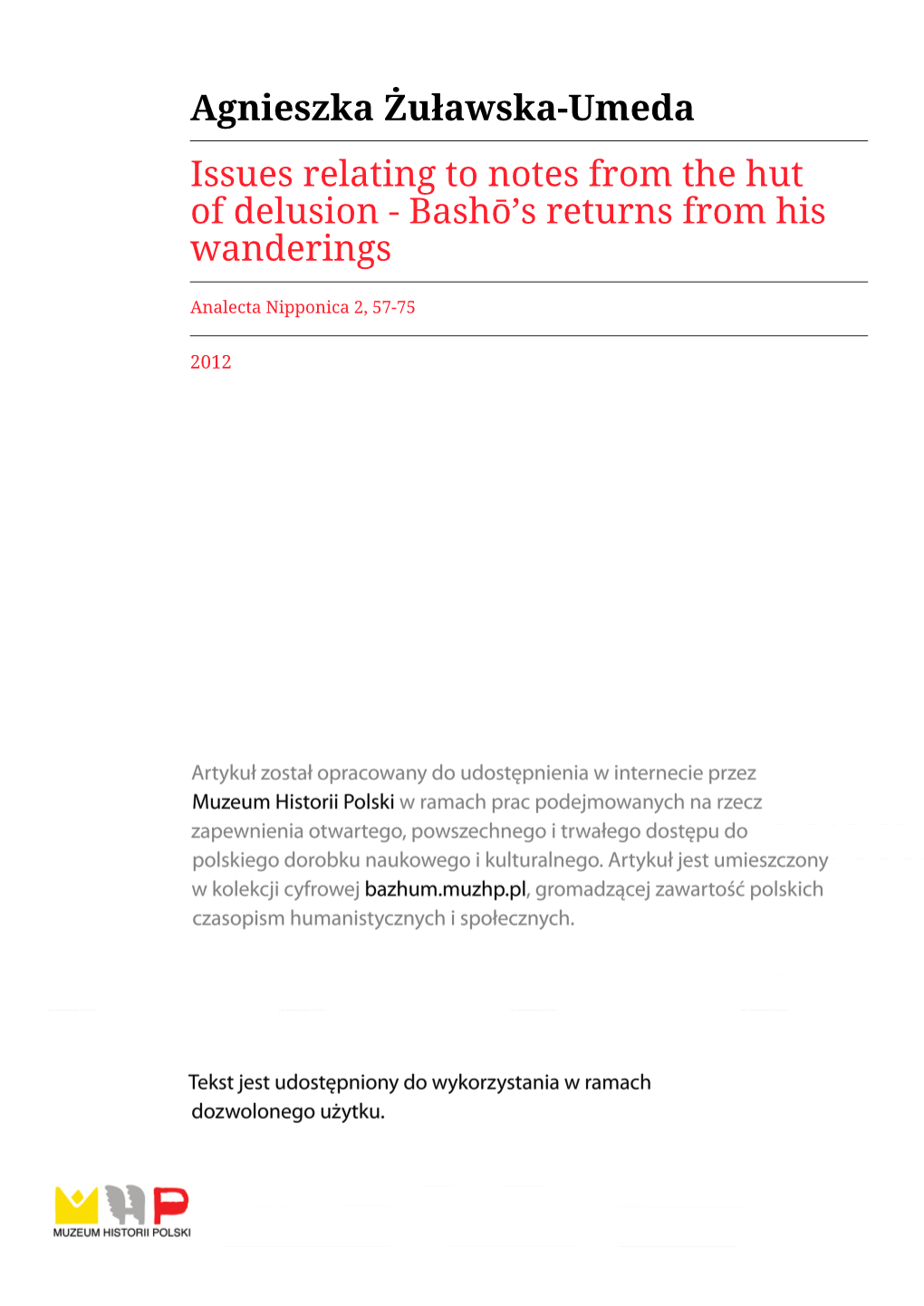 Agnieszka Żuławska-Umeda Issues Relating to Notes from the Hut of Delusion - Bashō’S Returns from His Wanderings