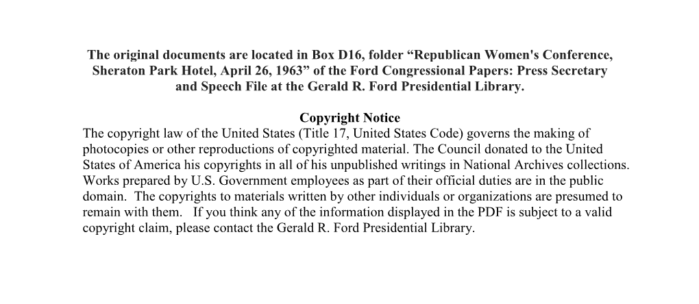 Republican Women's Conference, Sheraton Park Hotel, April 26, 1963” of the Ford Congressional Papers: Press Secretary and Speech File at the Gerald R