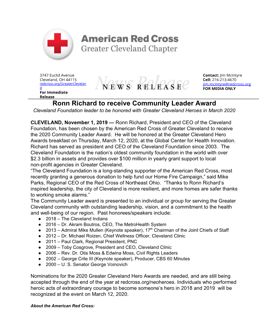 Ronn Richard to Receive Community Leader Award Cleveland Foundation Leader to Be Honored with Greater Cleveland Heroes in March 2020