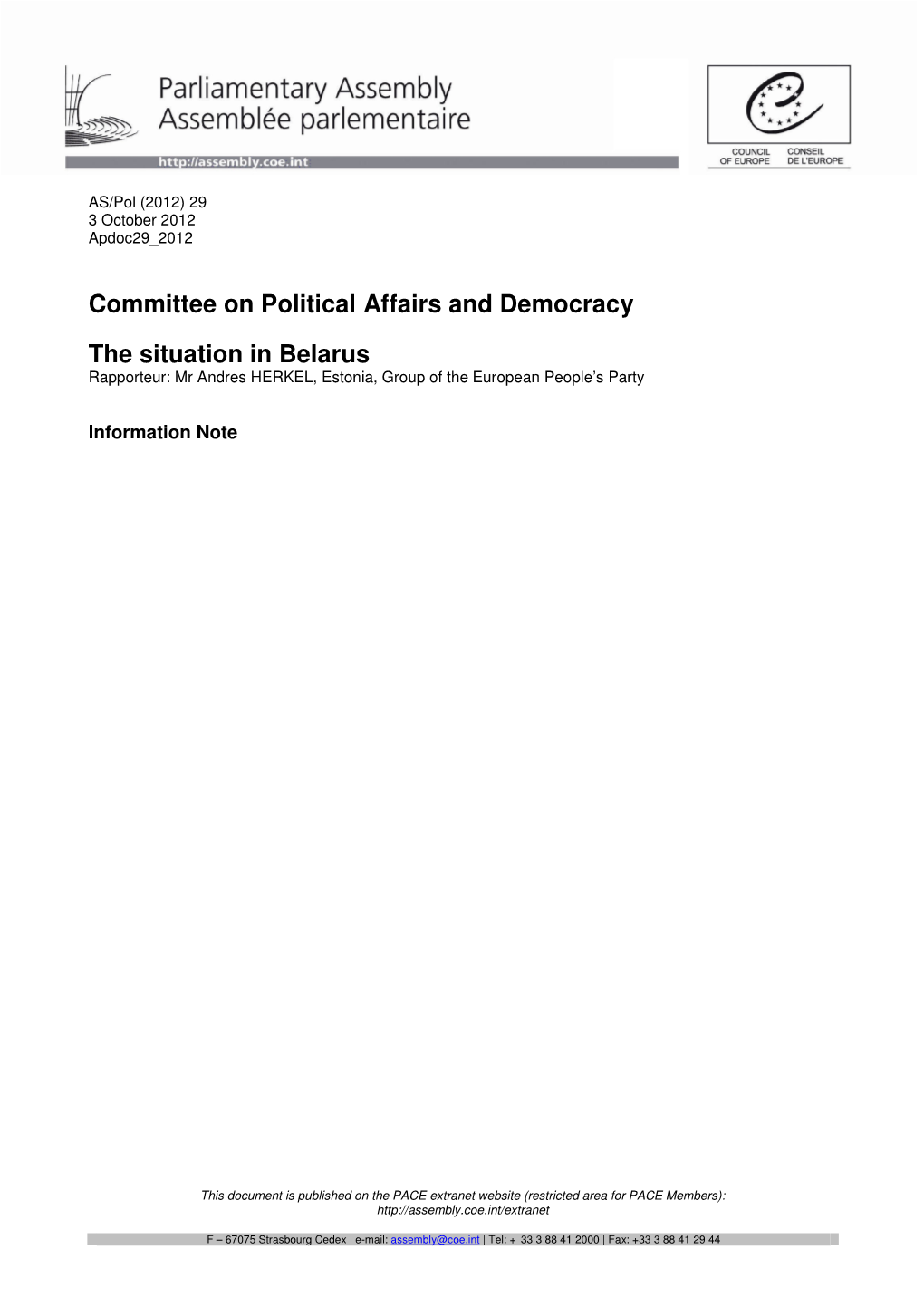 Committee on Political Affairs and Democracy the Situation in Belarus