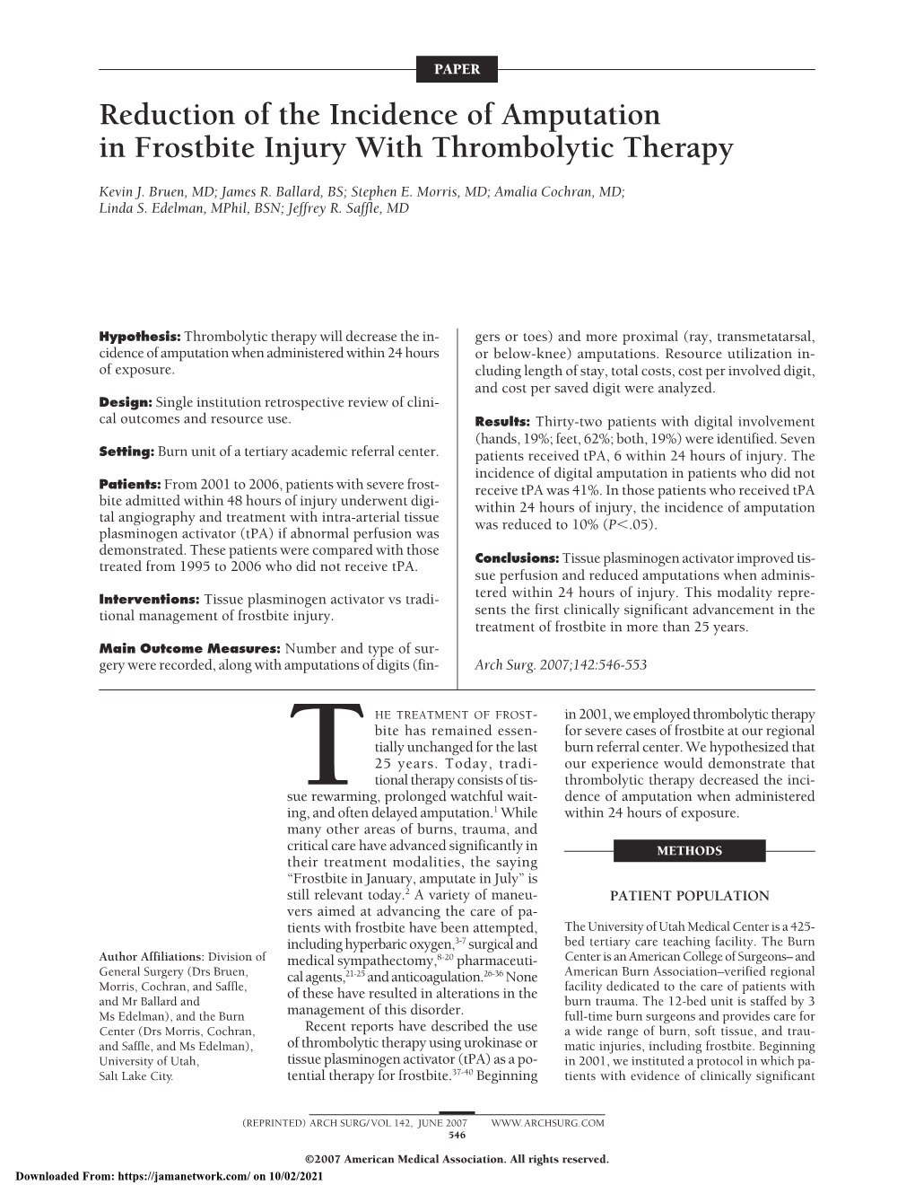 Reduction of the Incidence of Amputation in Frostbite Injury with Thrombolytic Therapy