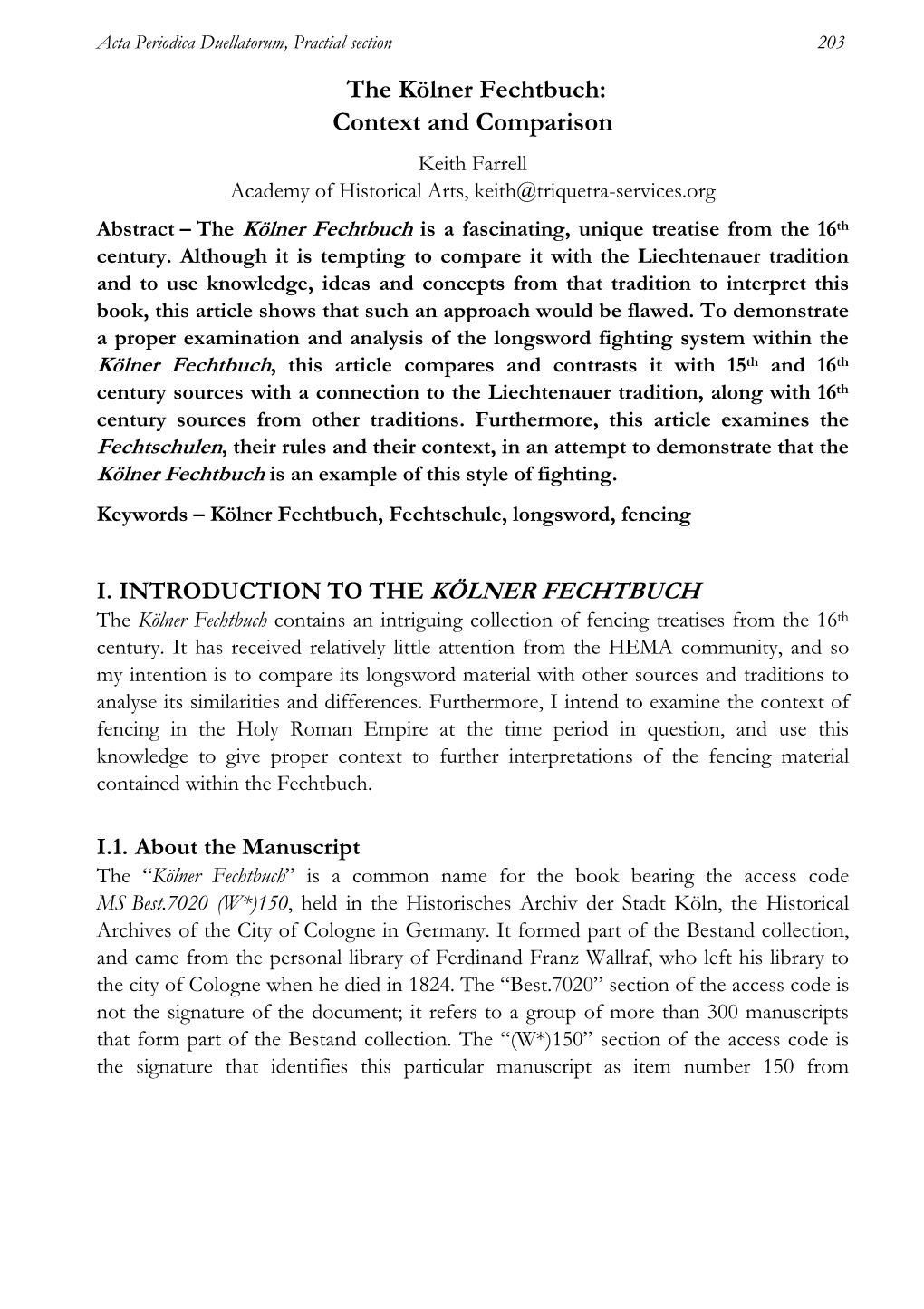 The Kölner Fechtbuch: Context and Comparison