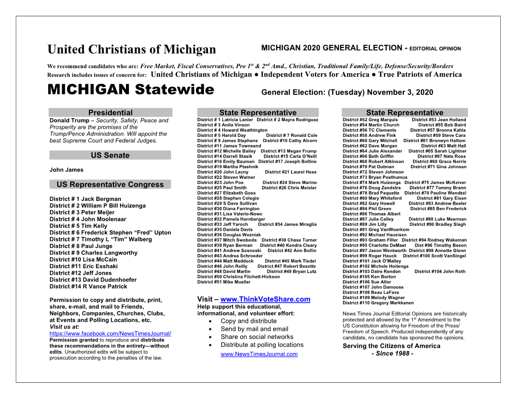 MICHIGAN Statewide General Election: (Tuesday) November 3, 2020