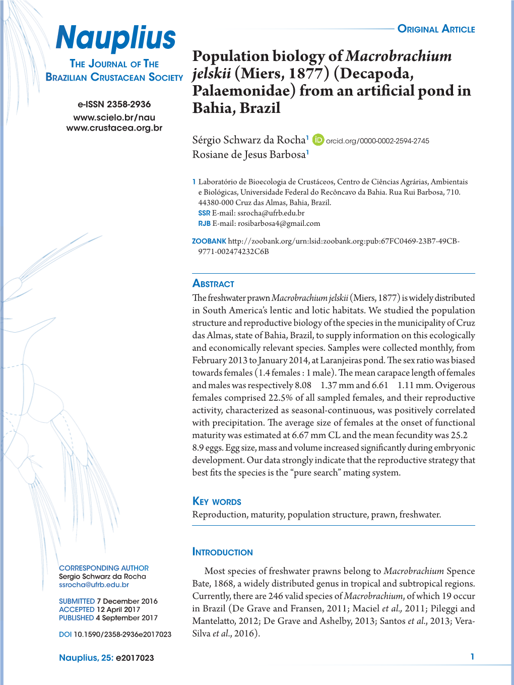 Population Biology of Macrobrachium Jelskii(Miers, 1877)