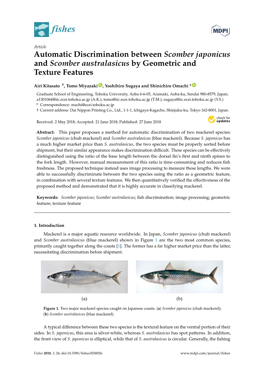 Automatic Discrimination Between Scomber Japonicus and Scomber Australasicus by Geometric and Texture Features