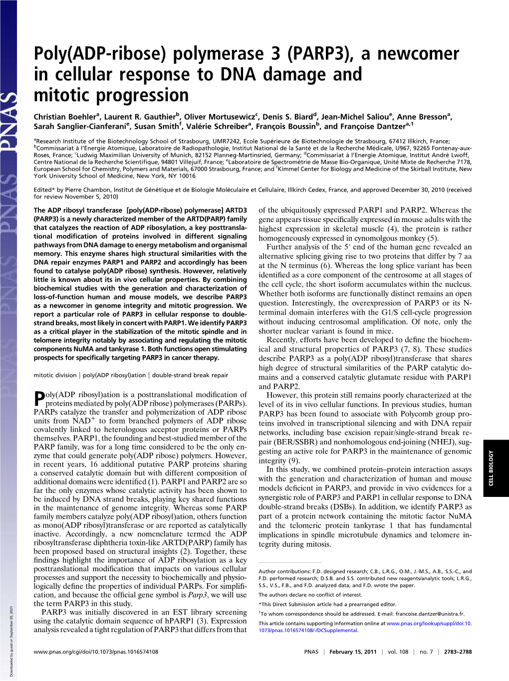 Poly(ADP-Ribose) Polymerase 3 (PARP3), a Newcomer in Cellular Response to DNA Damage and Mitotic Progression