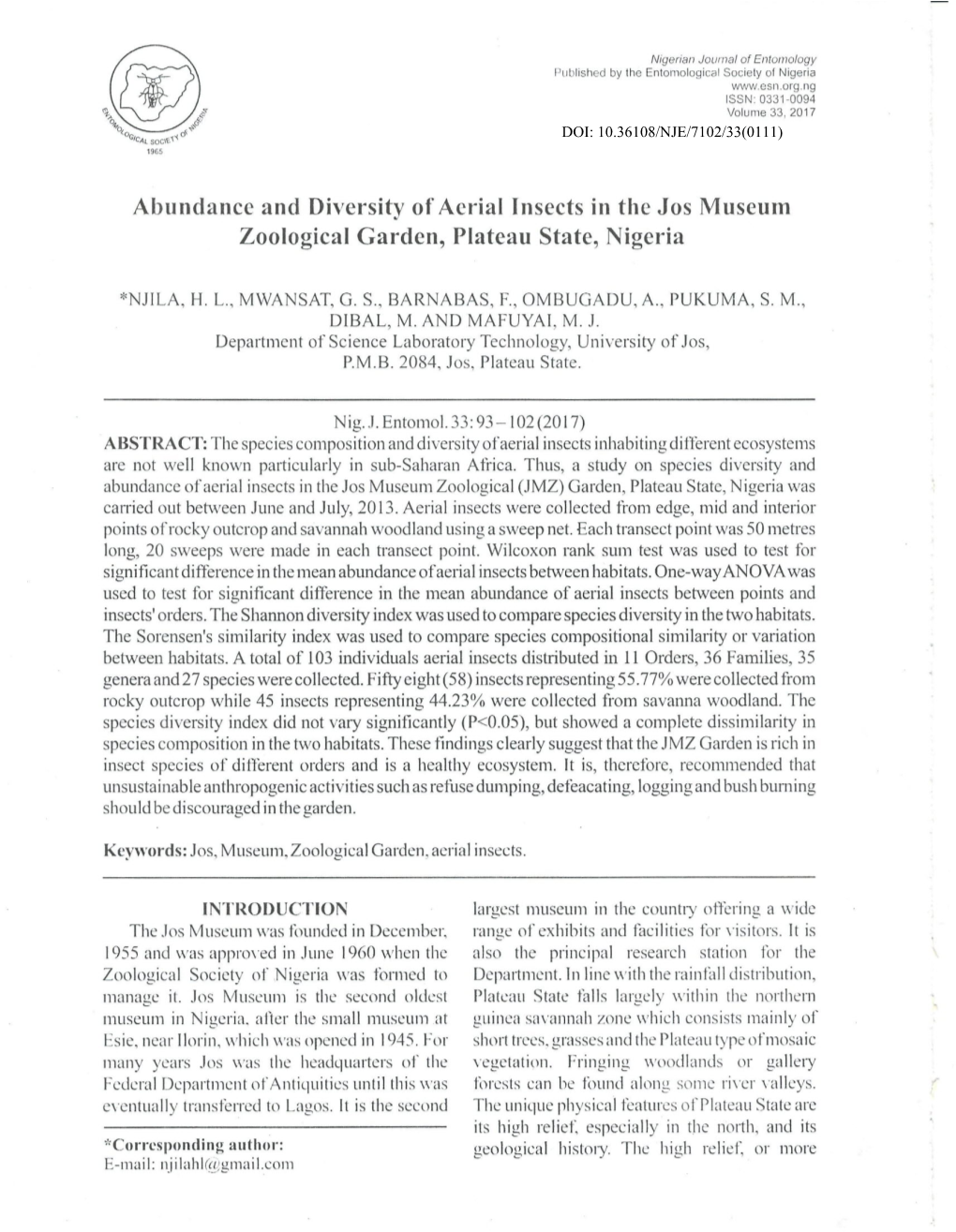 Abundance and Diversity of Aerial Insects in the Jos Museum Zoological Garden, Plateau State, Nigeria