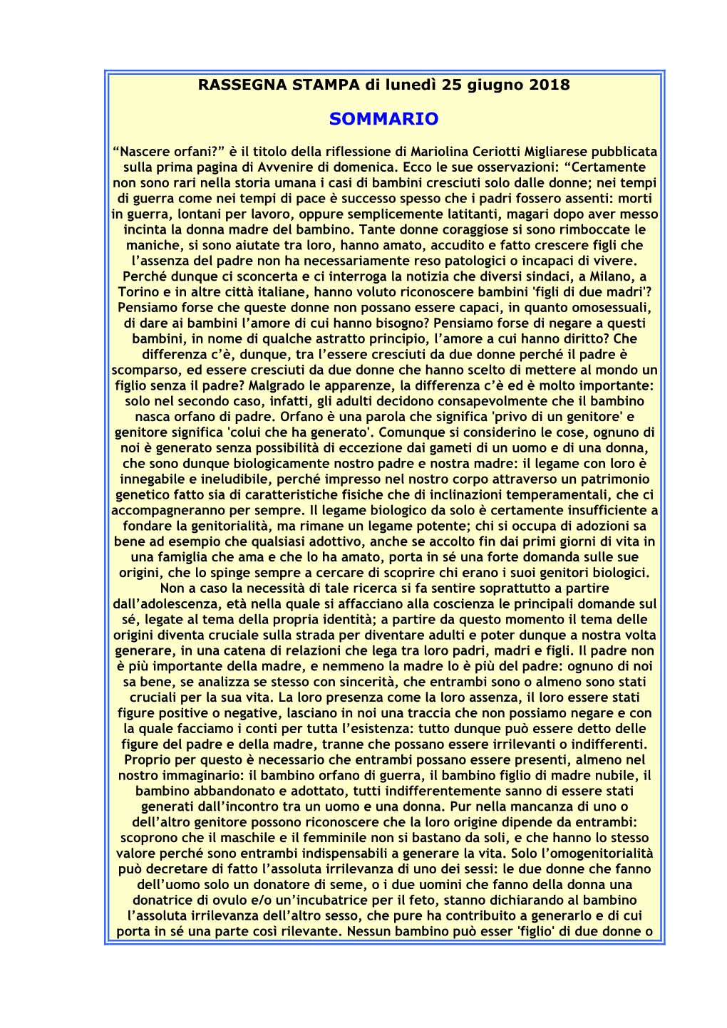 Rassegna Stampa 25 Giugno 2018