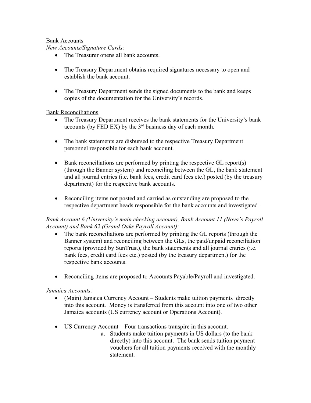 Additional Treasury Operations Procedures NSU Financial Operations