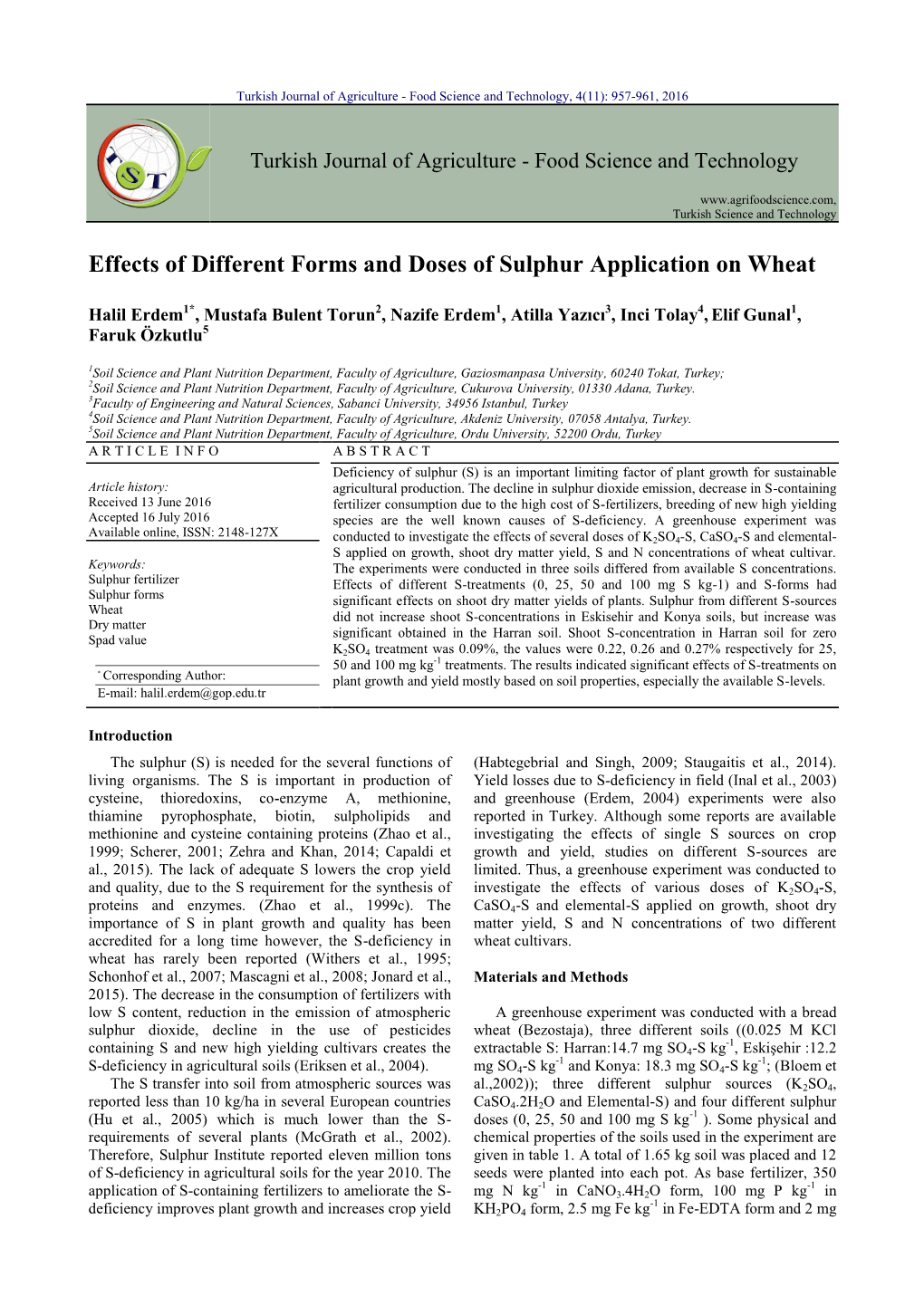 Effects of Different Forms and Doses of Sulphur Application on Wheat