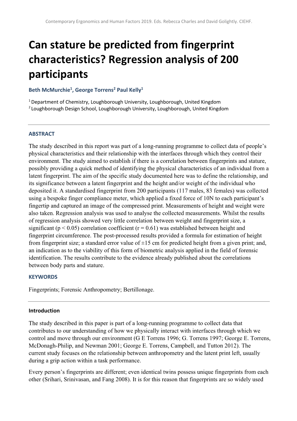 Can Stature Be Predicted from Fingerprint Characteristics? Regression Analysis of 200 Participants