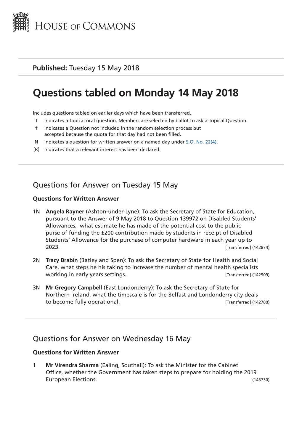 Questions Tabled on Mon 14 May 2018