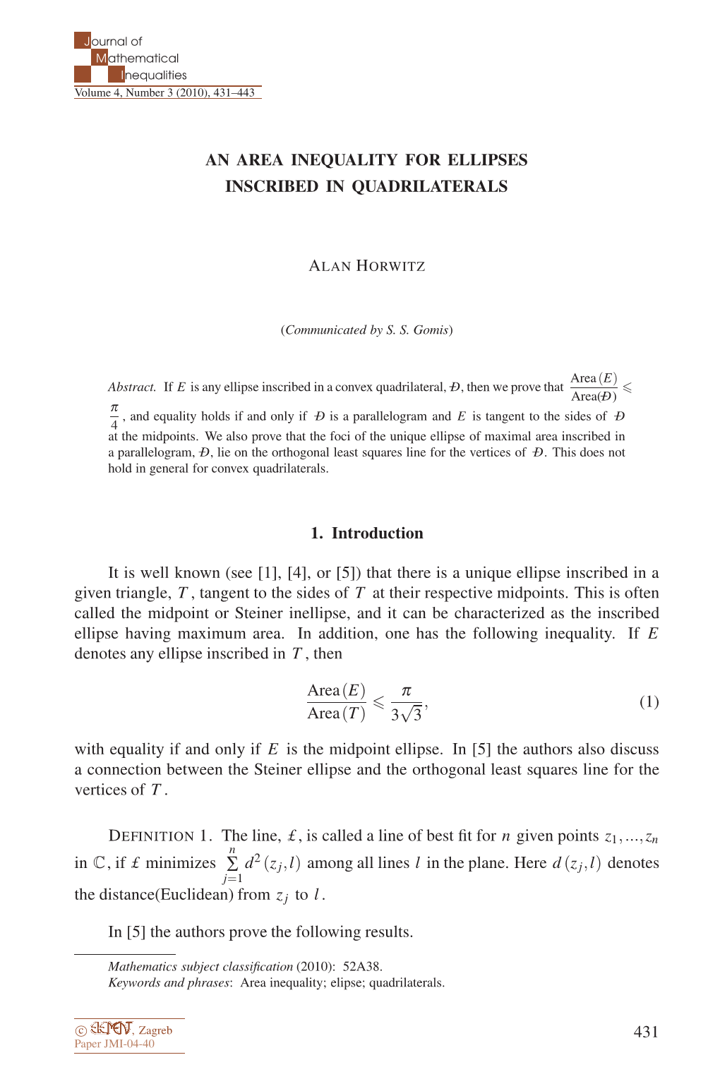 An Area Inequality for Ellipses Inscribed in Quadrilaterals