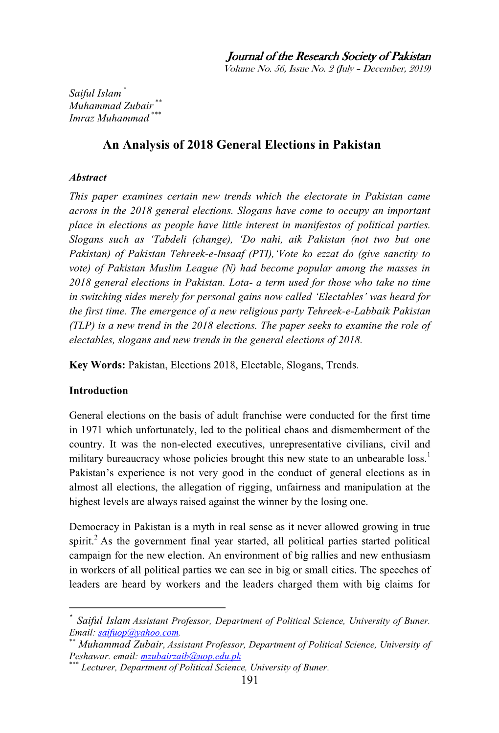 An Analysis of 2018 General Elections in Pakistan