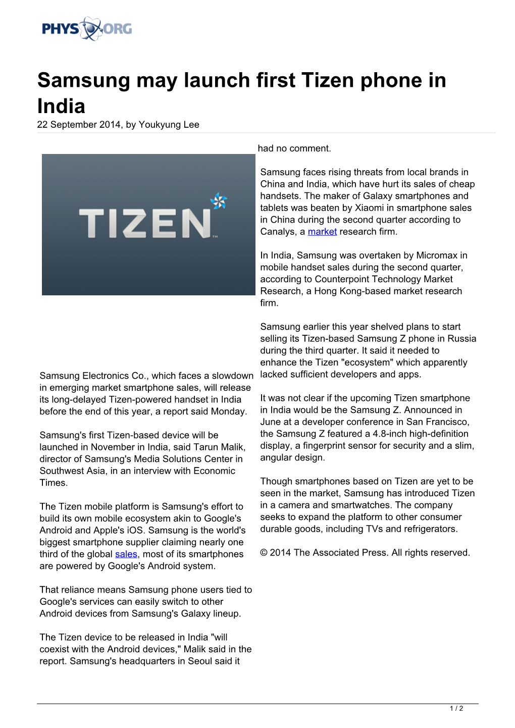 Samsung May Launch First Tizen Phone in India 22 September 2014, by Youkyung Lee