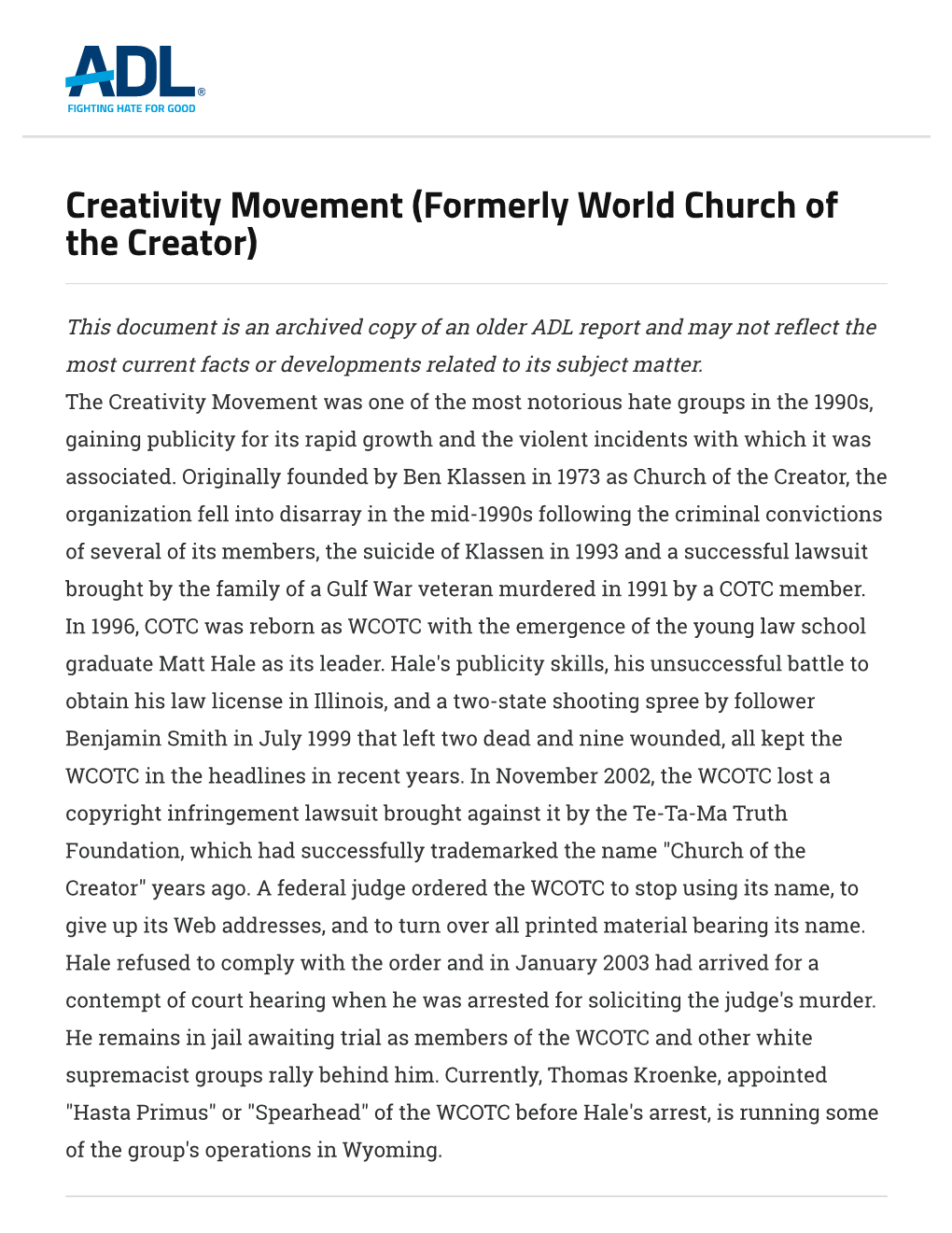 Creativity Movement (Formerly World Church of the Creator)