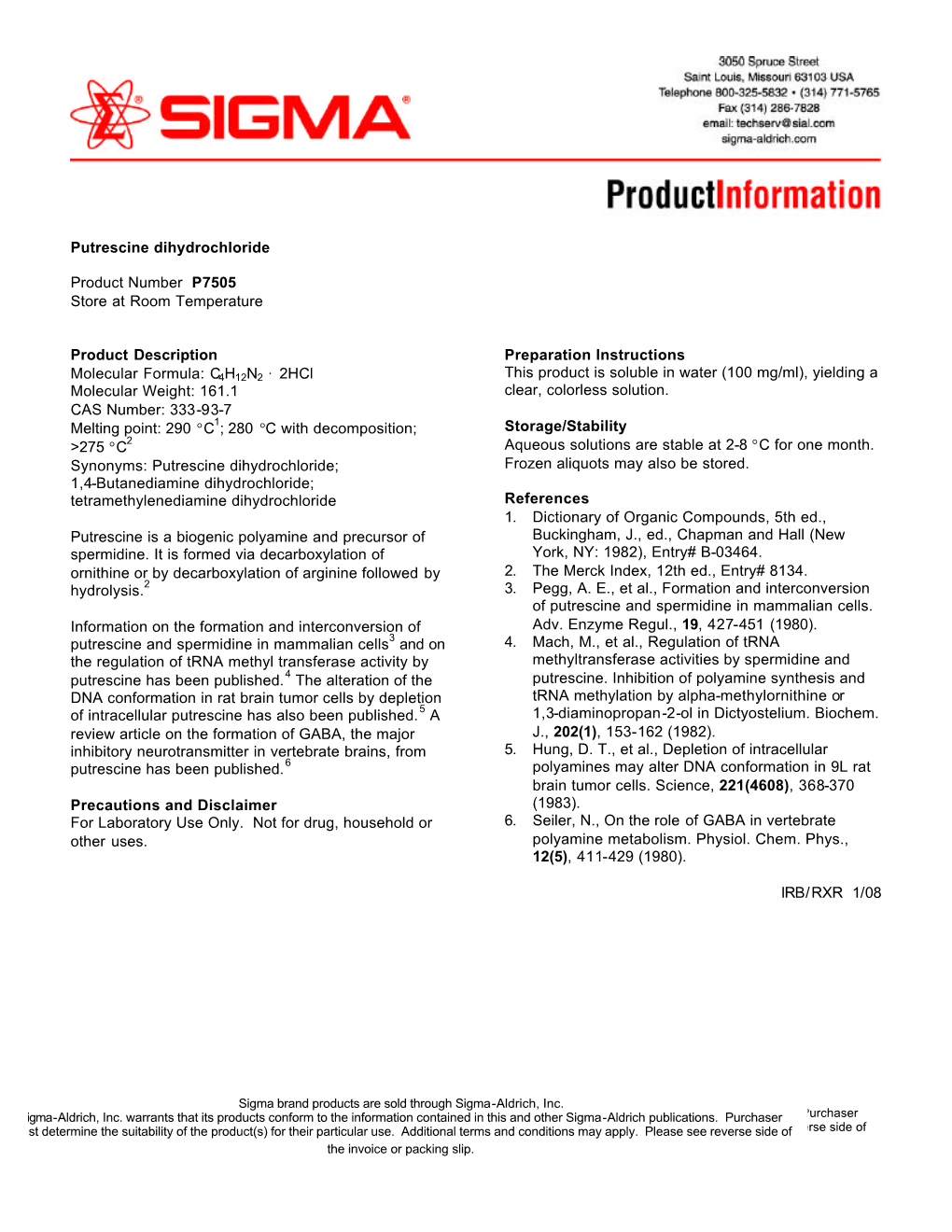 Putrescine Dihydrochloride Product Number P7505 Store at Room