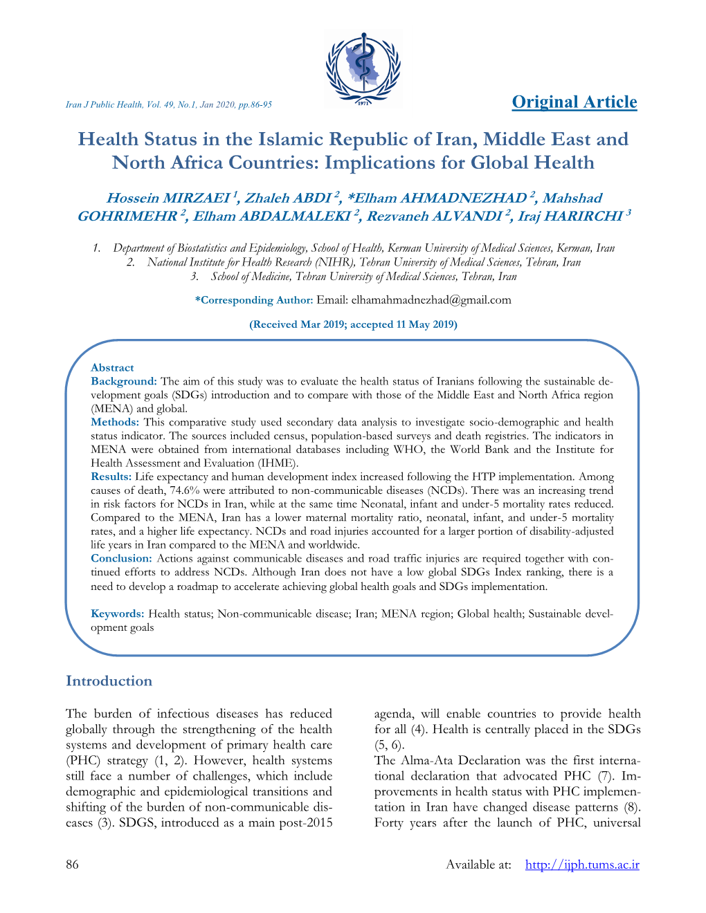 Health Status in the Islamic Republic of Iran, Middle East and North Africa Countries: Implications for Global Health