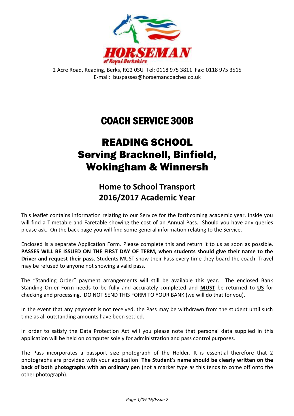 COACH SERVICE 300B READING SCHOOL Serving Bracknell