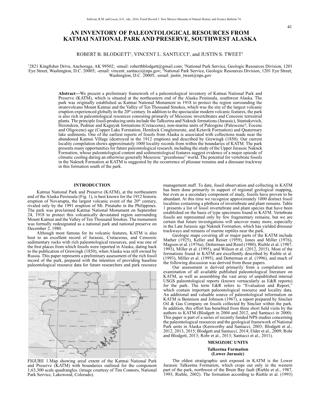 An Inventory of Paleontological Resources from Katmai National Park and Preserve, Southwest Alaska