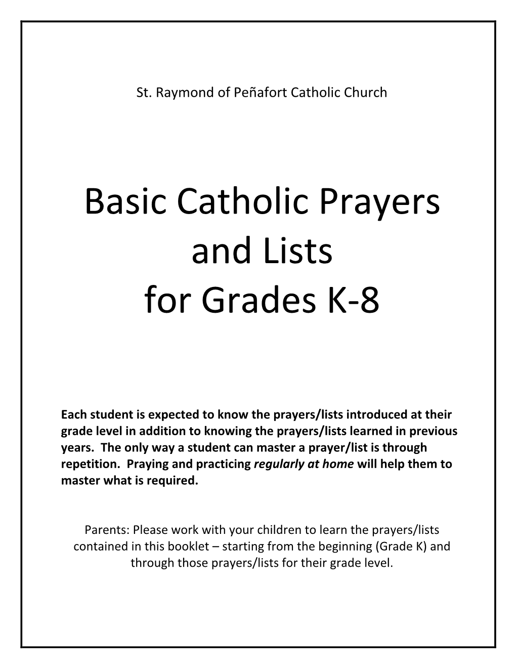 Basic Catholic Prayers and Lists for Grades K-8