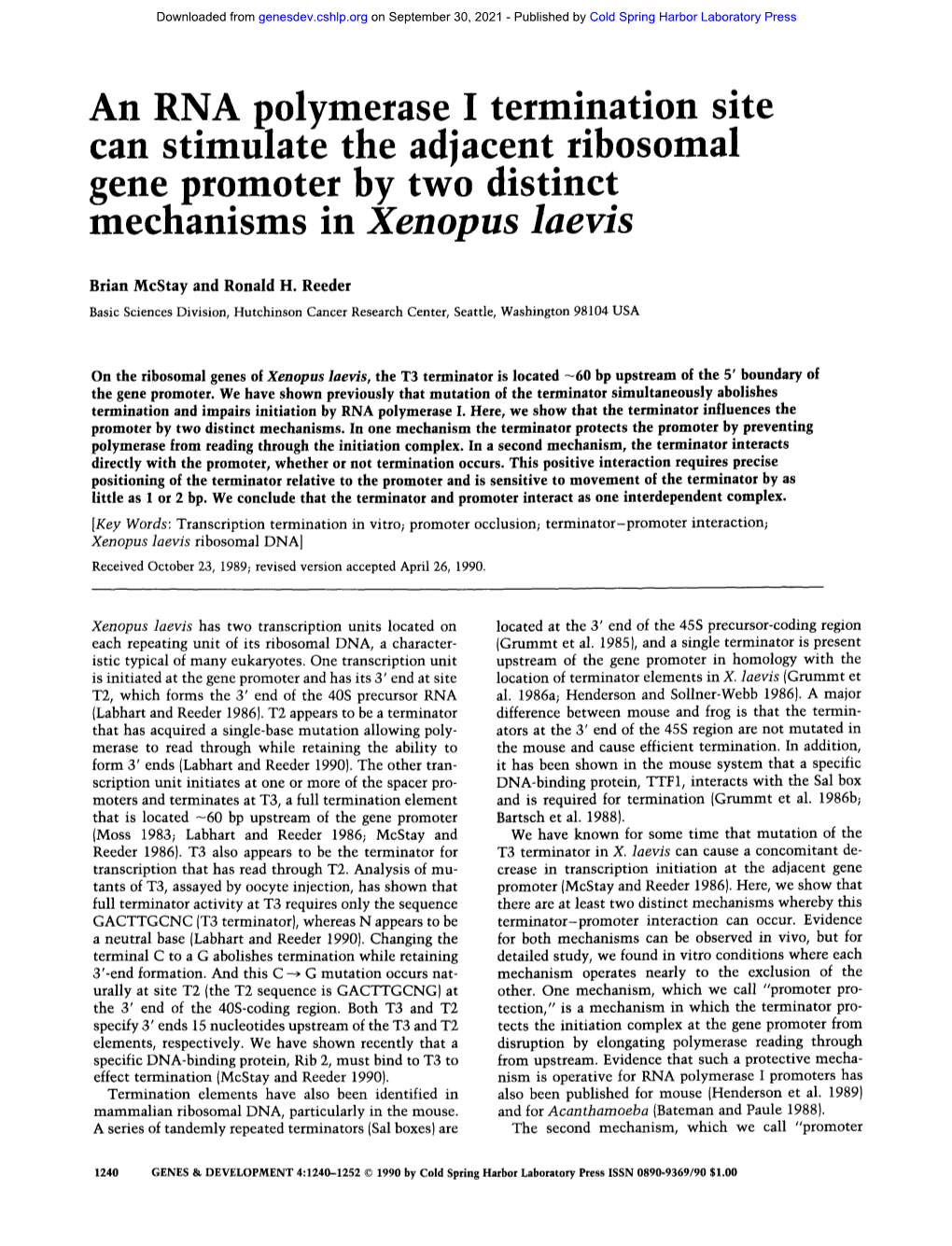 An RNA Polymerase I Termination Site Can Stimulate the Adjacent Ribosomal Gene Promoter by Two Distinct Mechanisms in Xenopus Laevis