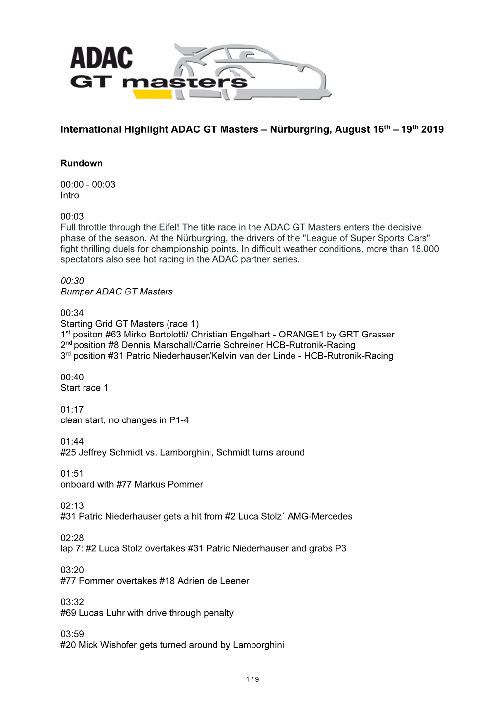 International Highlight ADAC GT Masters – Nürburgring, August 16Th – 19 Th 2019