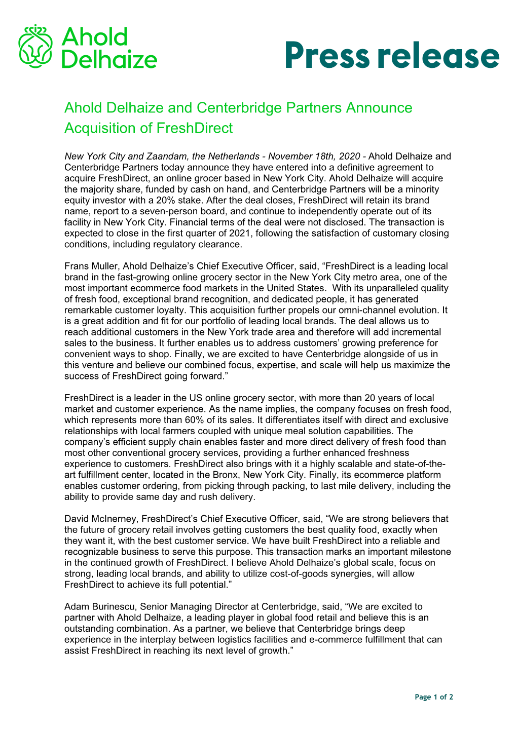 Ahold Delhaize and Centerbridge Partners Announce Acquisition of Freshdirect