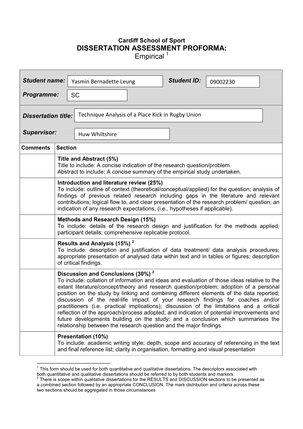 DISSERTATION ASSESSMENT PROFORMA: Empirical 1