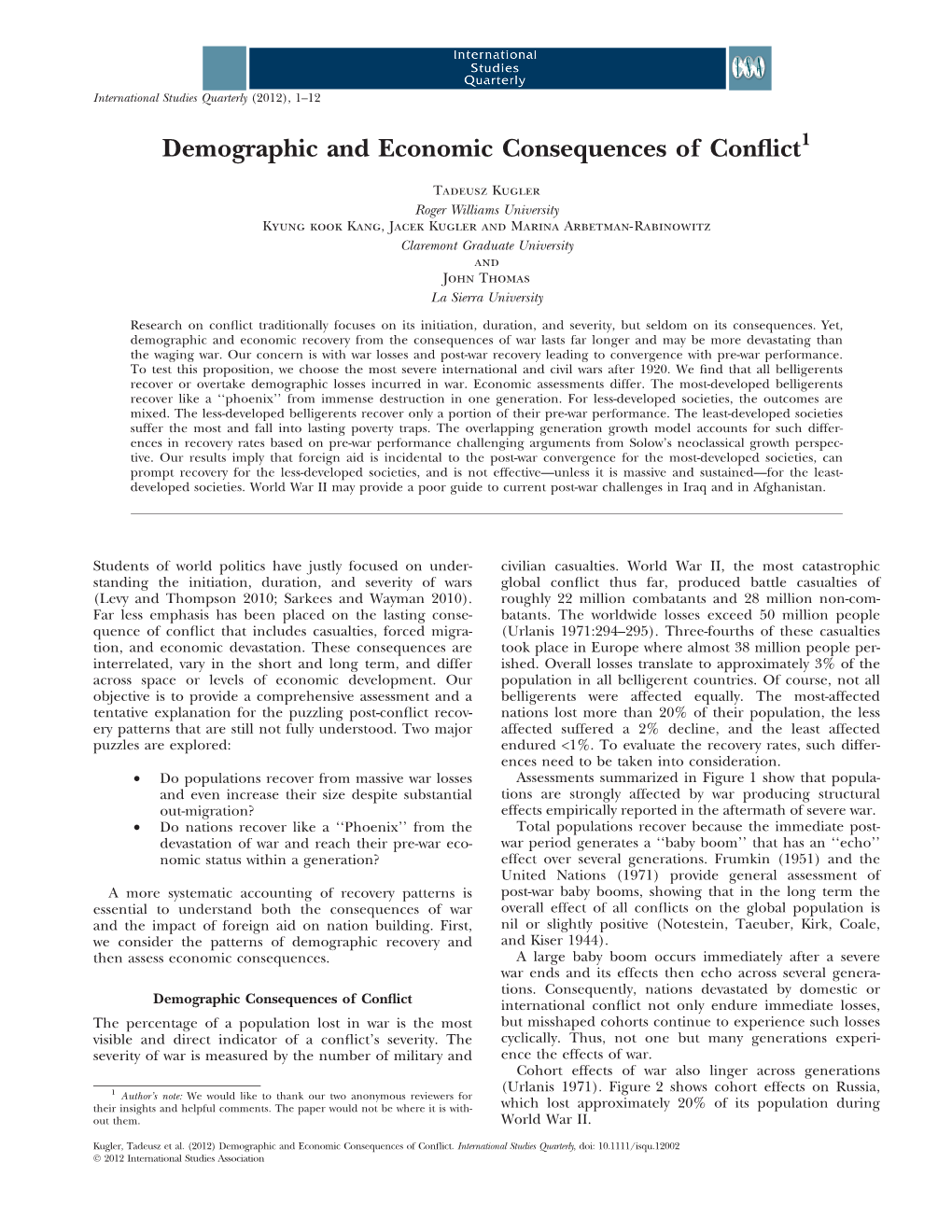 Demographic and Economic Consequences of Conflict1