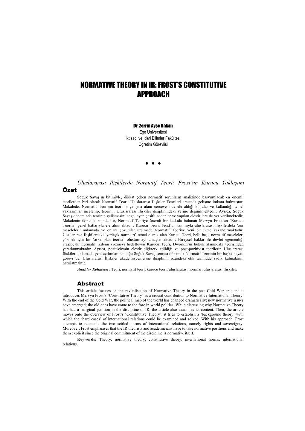 Normative Theory in Ir: Frost's Constitutive Approach