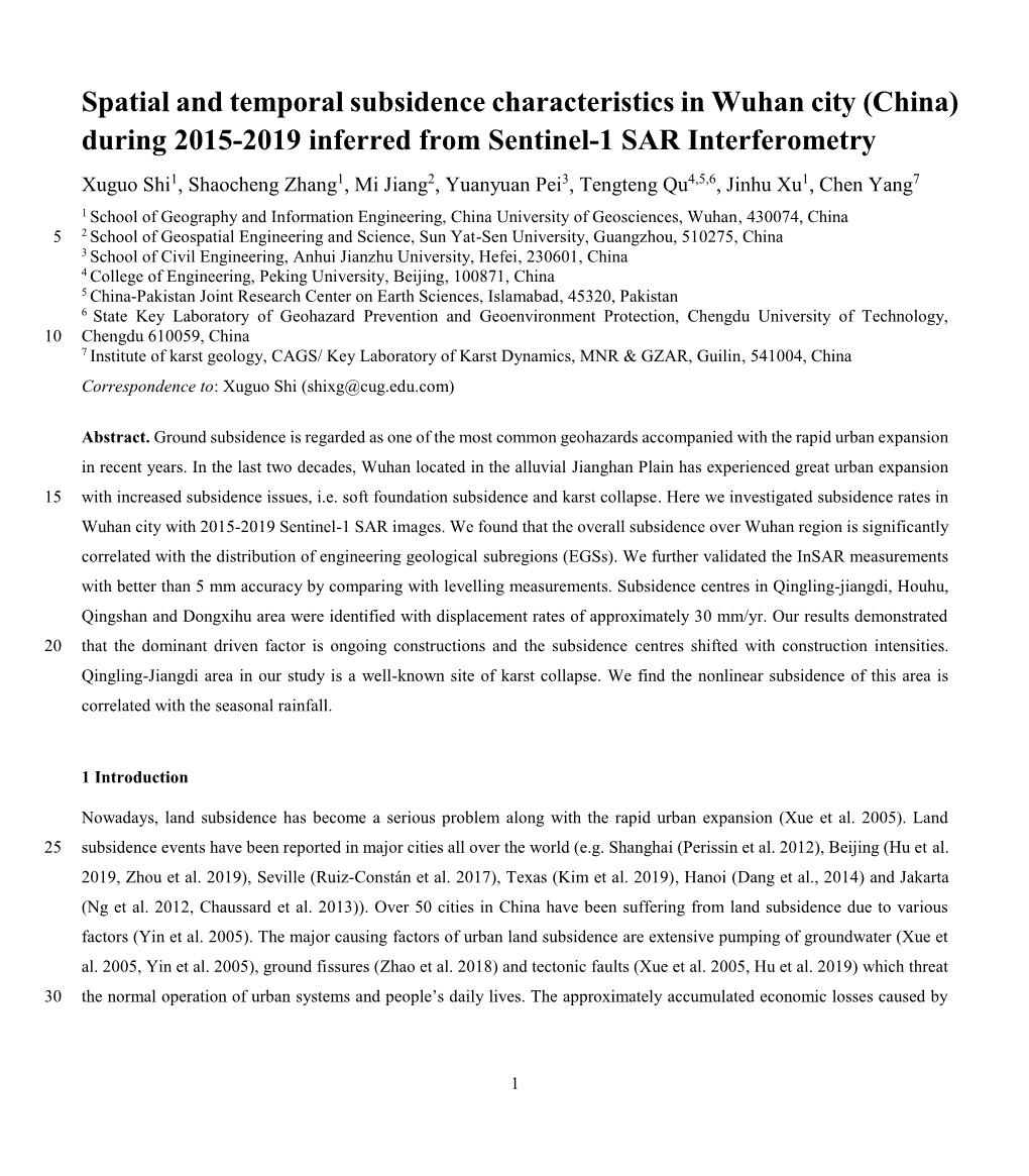 Spatial and Temporal Subsidence Characteristics in Wuhan City (China)