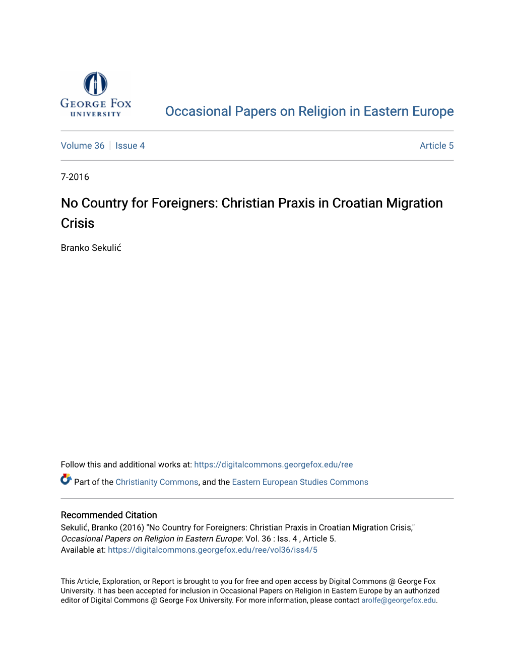 Christian Praxis in Croatian Migration Crisis