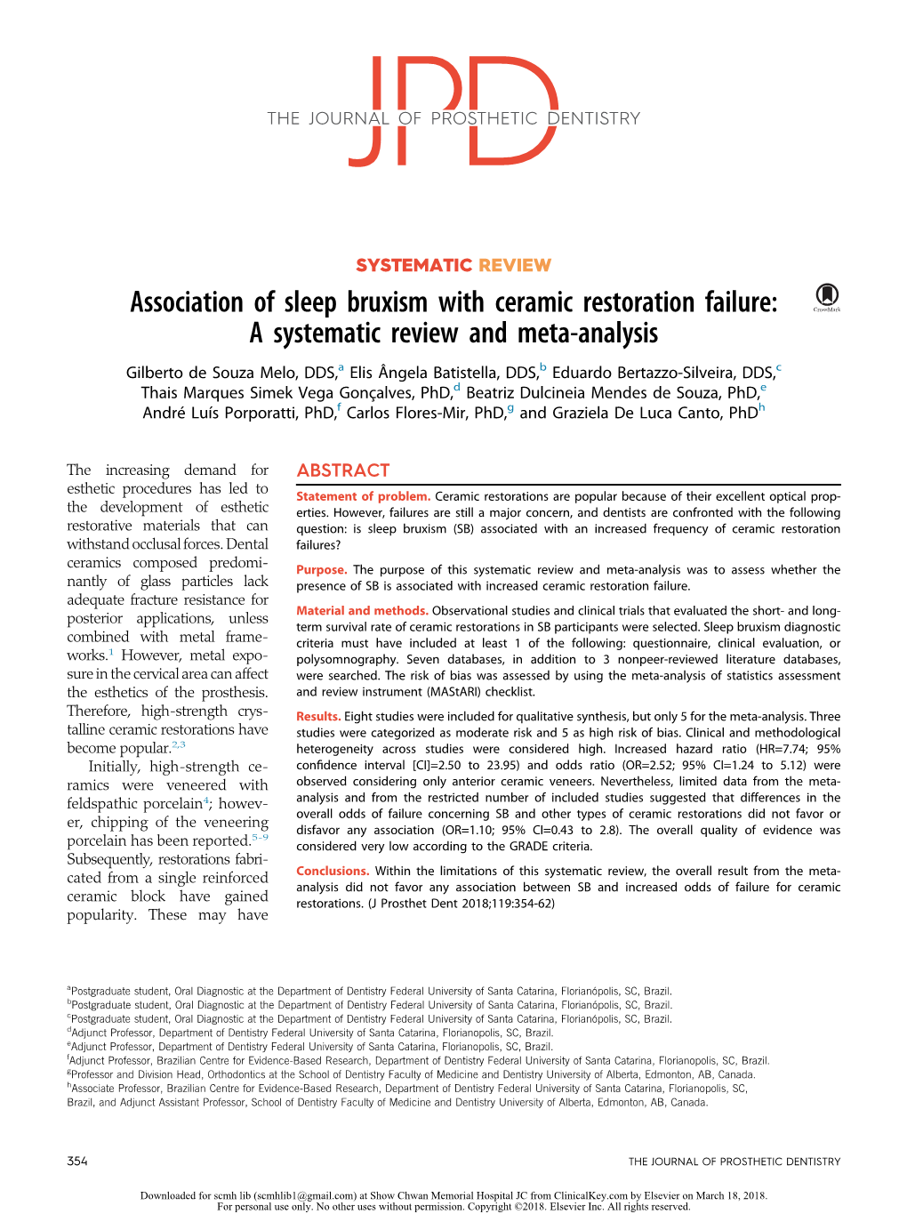 Association of Sleep Bruxism with Ceramic Restoration Failure: a Systematic Review and Meta-Analysis