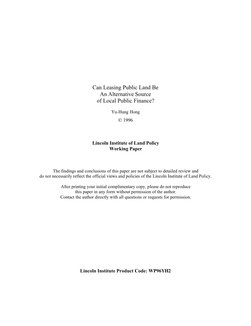 Can Leasing Public Land Be an Alternative Source of Local Public Finance?