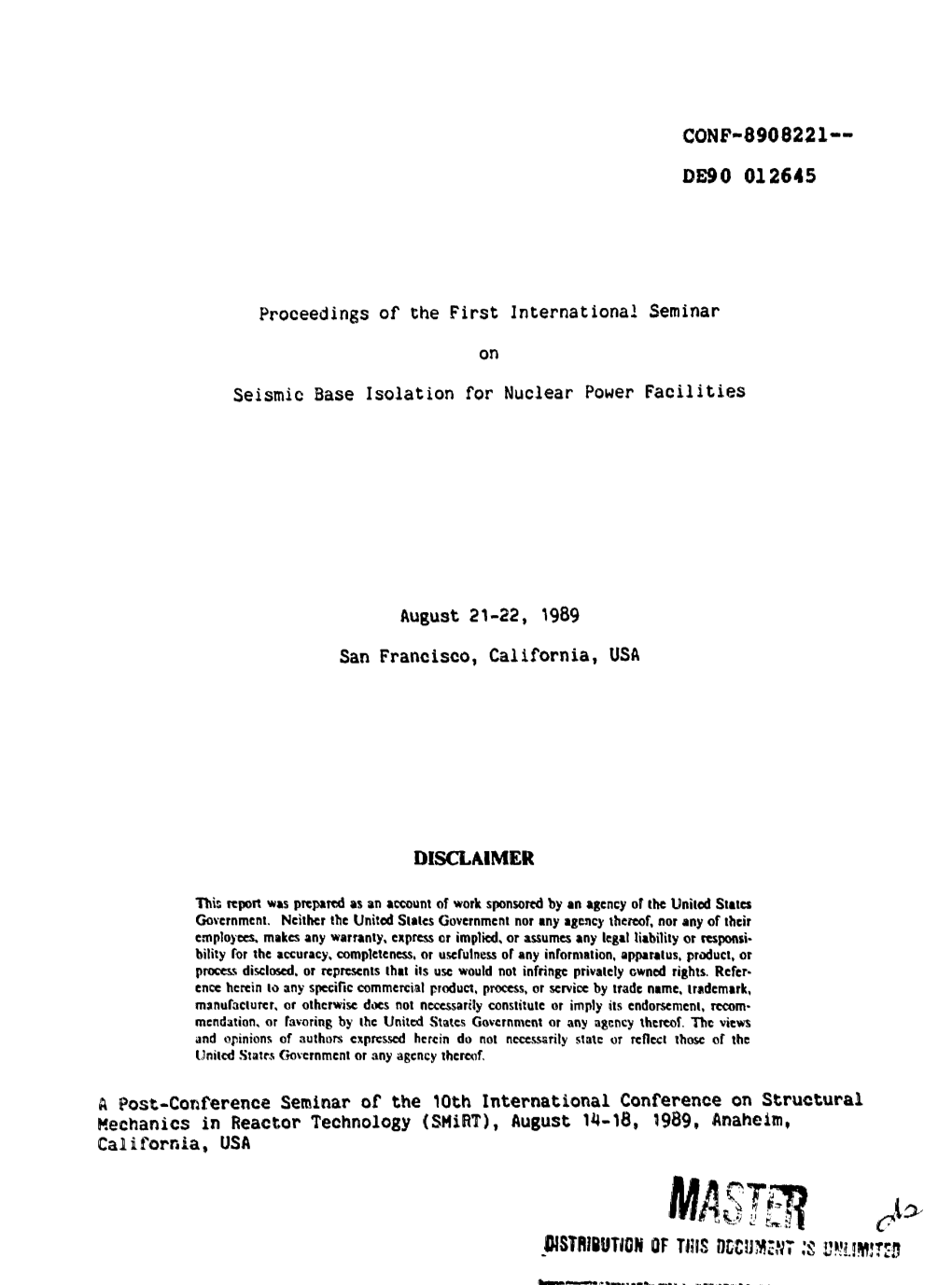 DE90 012645 Proceedings of the First International Seminar on Seismic