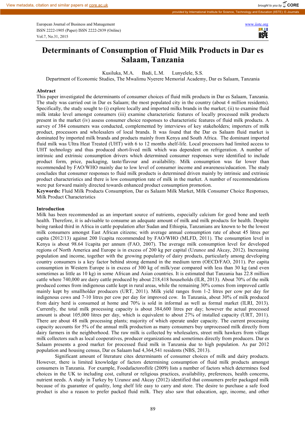 Determinants of Consumption of Fluid Milk Products in Dar Es Salaam, Tanzania