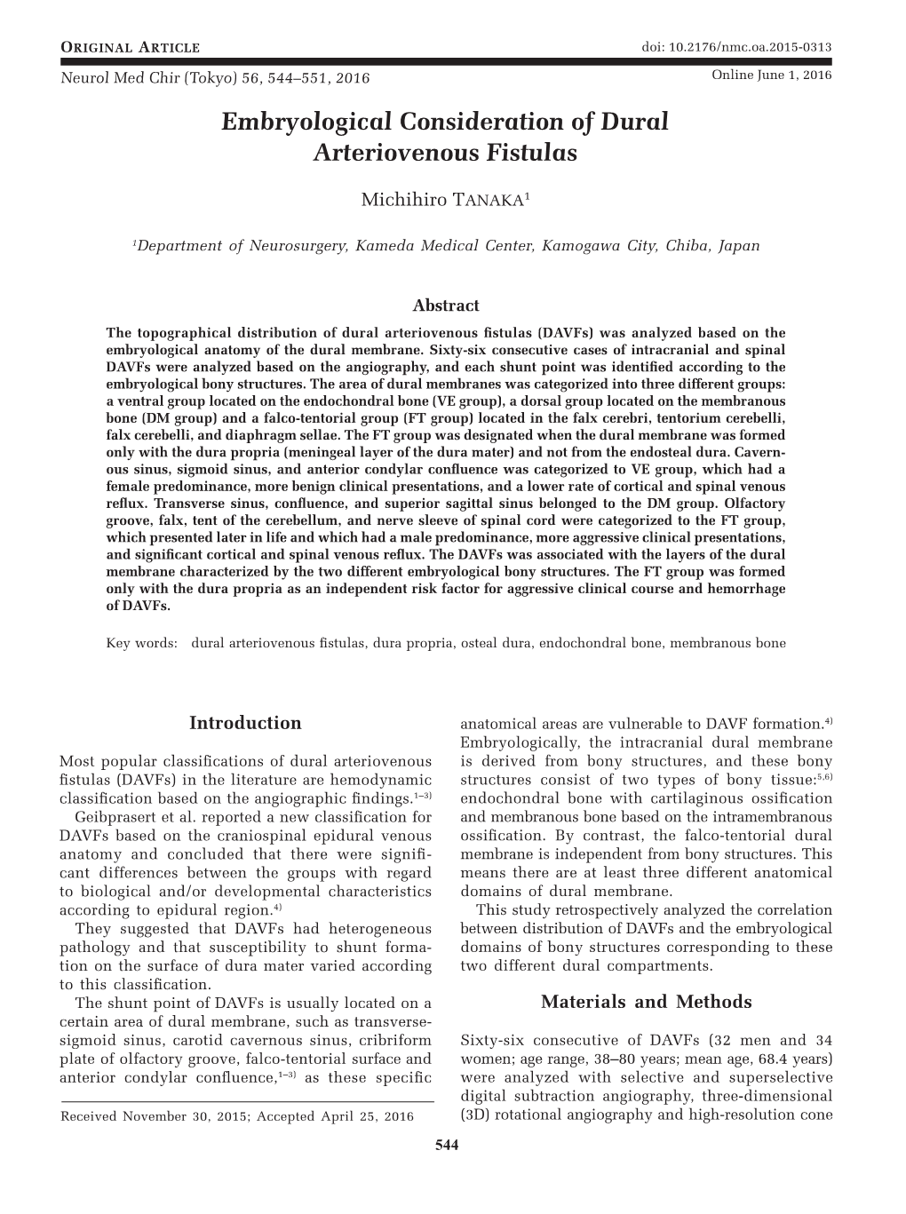 Embryological Consideration of Dural Arteriovenous Fistulas