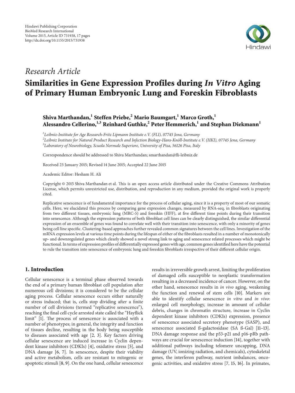 Similarities in Gene Expression Profiles During in Vitro Aging of Primary Human Embryonic Lung and Foreskin Fibroblasts